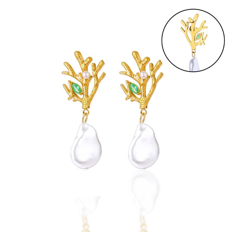 Pendientes Colgantes de Coral con Perla y Circonio verde