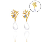 Pendientes Colgantes de Coral con Perla y Circonio azul