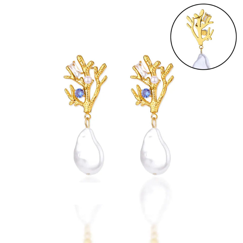 Pendientes Colgantes de Coral con Perla y Circonio azul