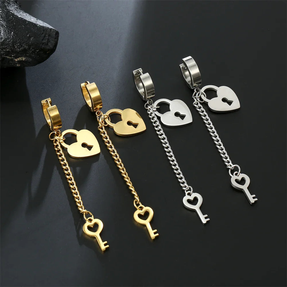 Pendientes colgantes llave y candado oro
