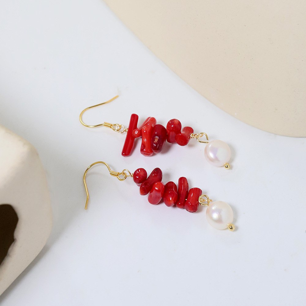 Pendientes Colgantes de Coral con Perlas 