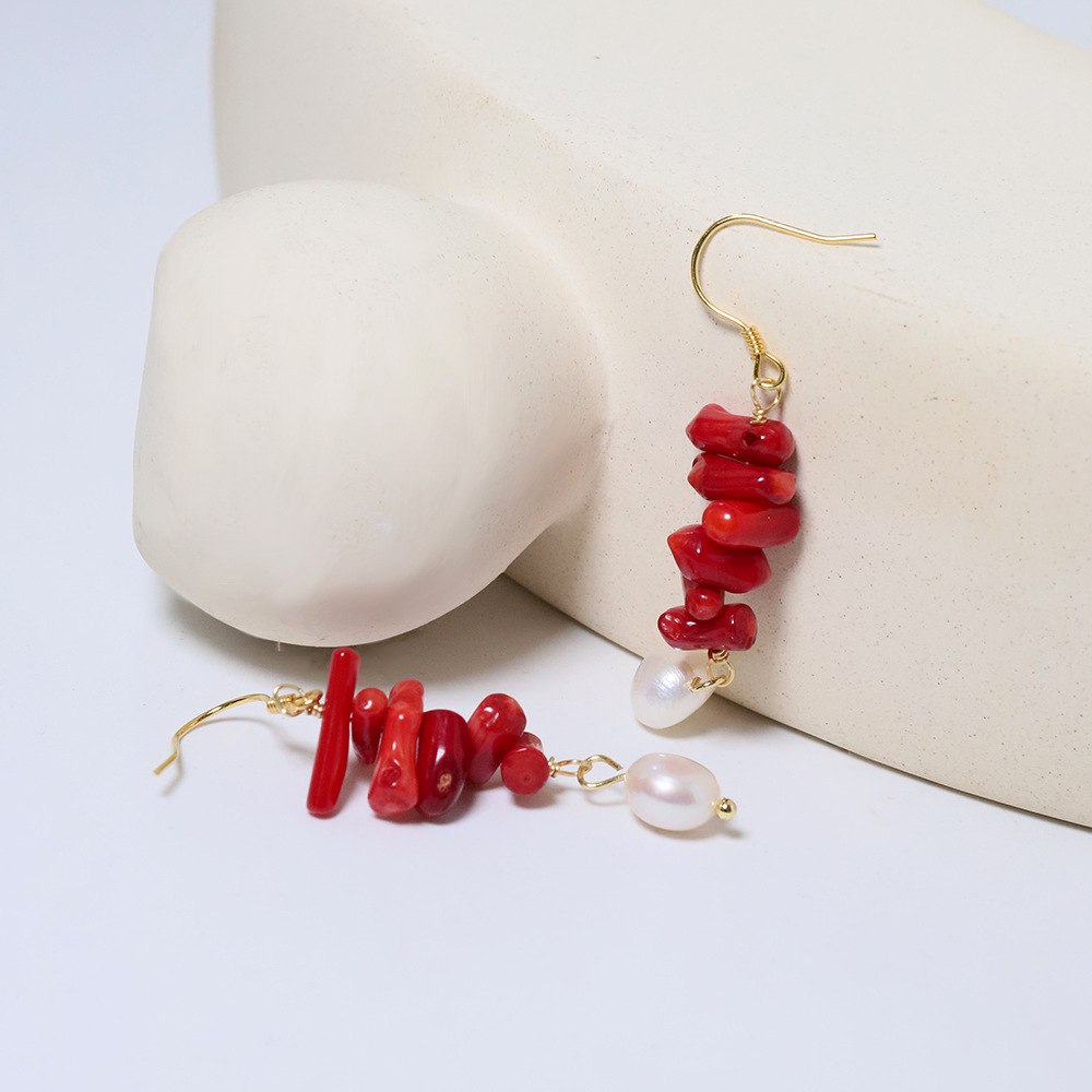 Pendientes Colgantes de Coral con Perlas 