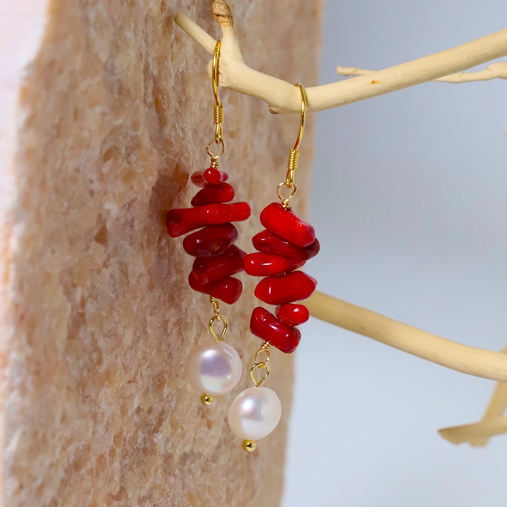 Pendientes Colgantes de Coral con Perlas 
