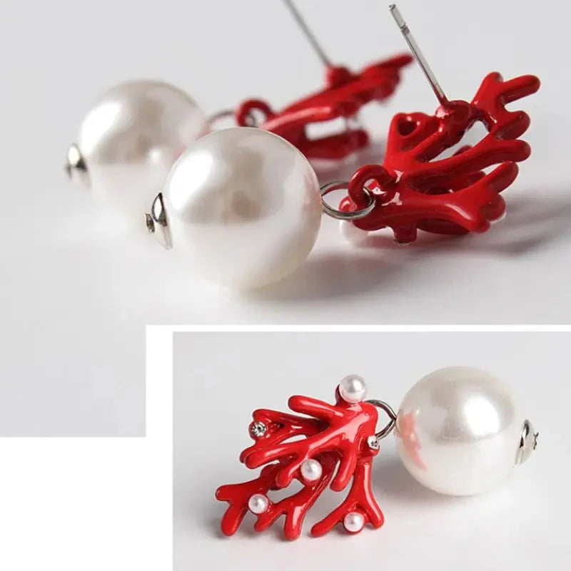 Pendientes Colgantes de Coral Rojo y Perlas