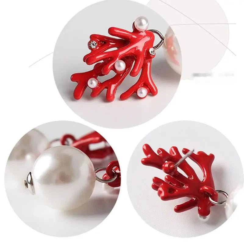 Pendientes Colgantes de Coral Rojo y Perlas