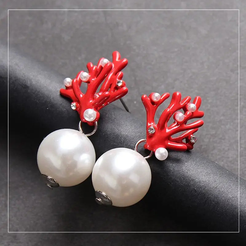 Pendientes Colgantes de Coral Rojo y Perlas