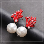 Pendientes Colgantes de Coral Rojo y Perlas