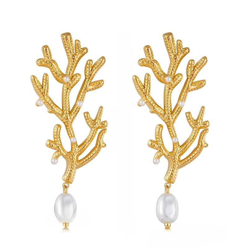 Pendientes Colgantes de Coral y Perlas Blancas