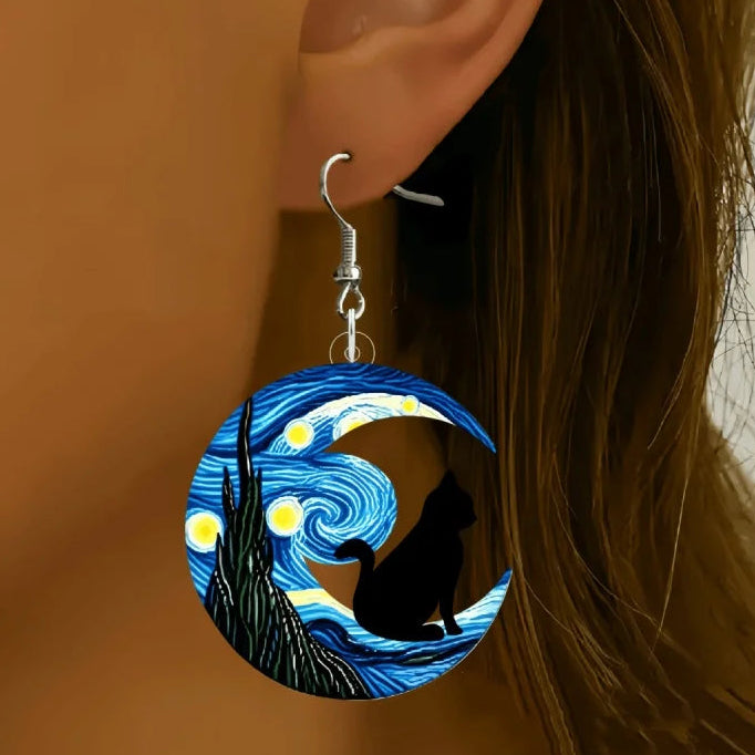 Pendientes Colgantes Media Luna azul y gato negro