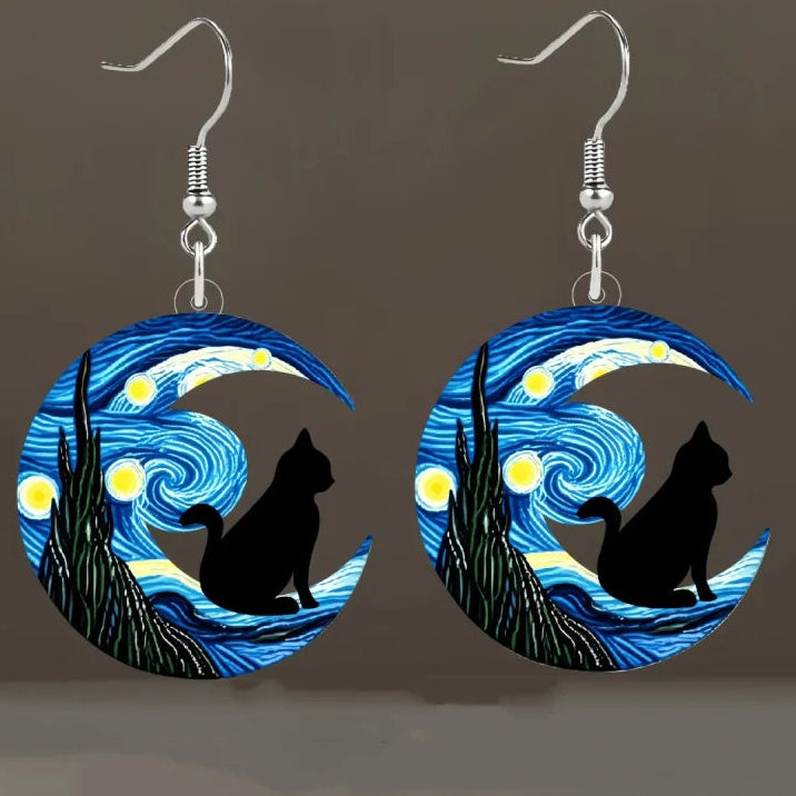 Pendientes Colgantes Media Luna azul y gato negro
