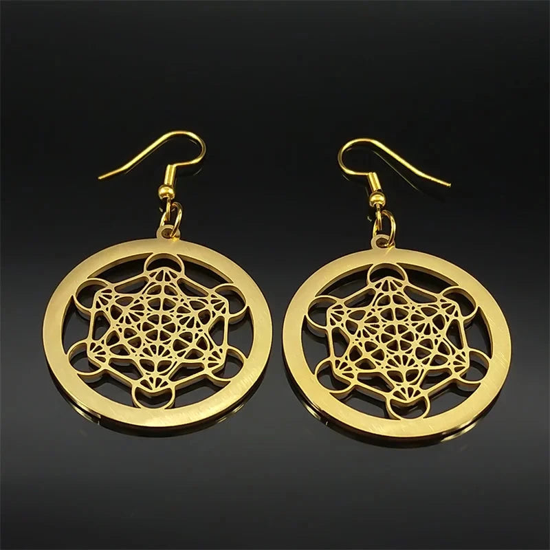 Pendientes Colgantes Cubo de Metatrón dorados