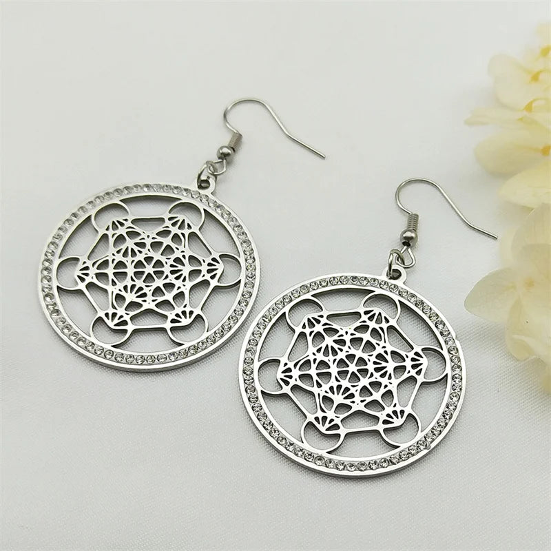 Pendientes Colgantes Cubo de Metatrón plateados