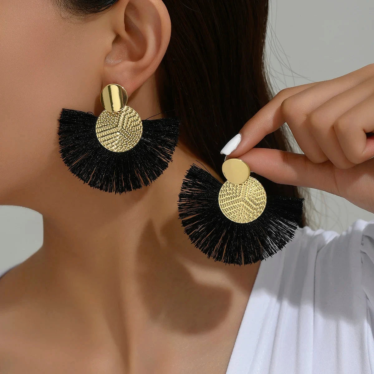 Pendientes Colgantes de Estilo Bohemio en Abanico negro