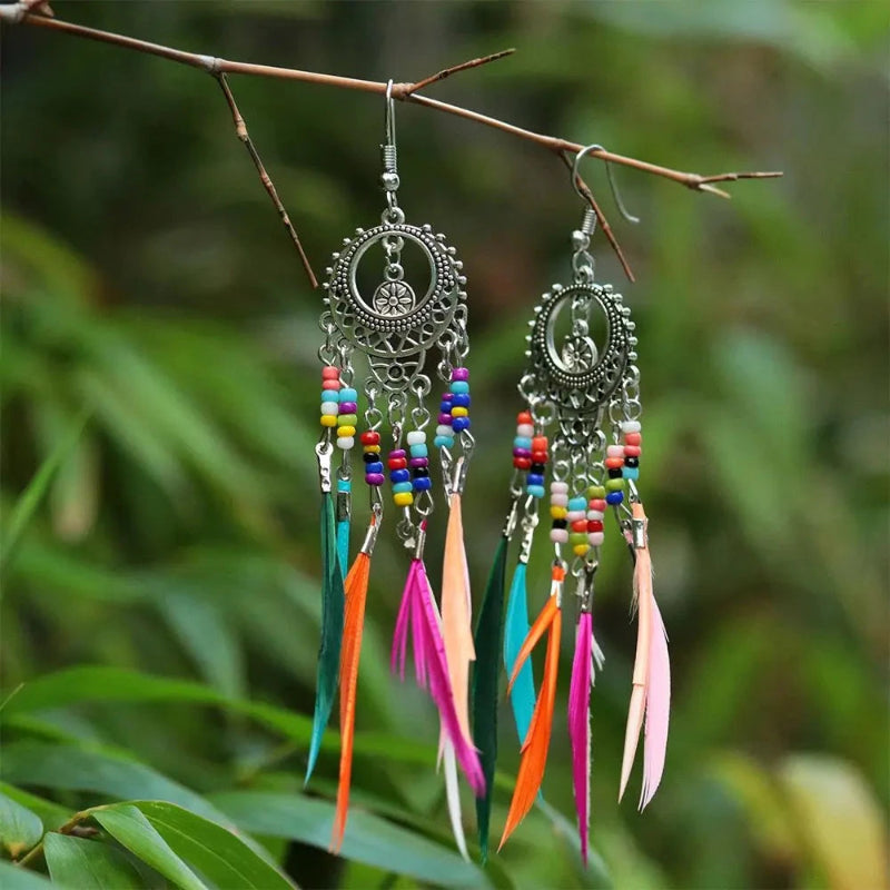 Pendientes Colgantes Étnicos Plumas de Colores para Mujer plata