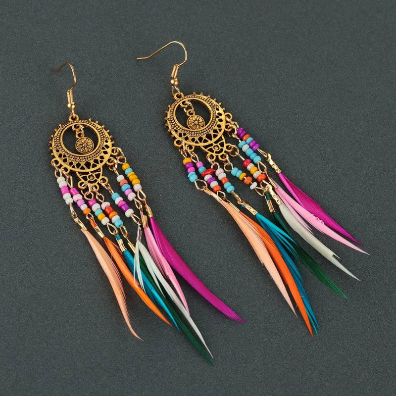 Pendientes Colgantes Étnicos Plumas de Colores para Mujer oro
