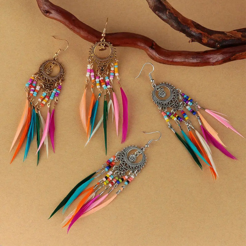 Pendientes Colgantes Étnicos Plumas de Colores para Mujer plata