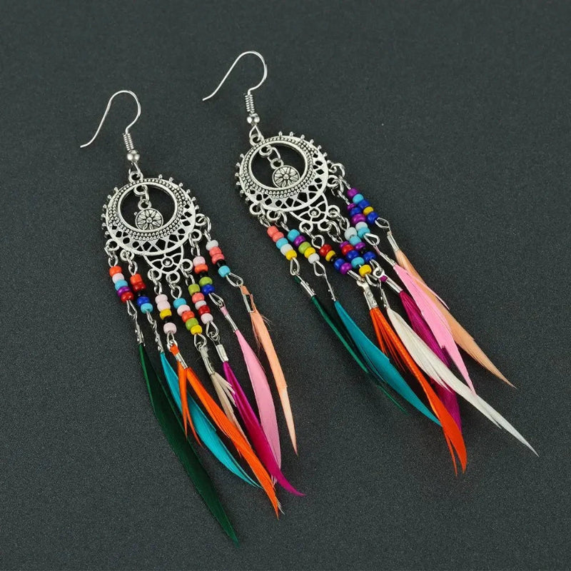 Pendientes Colgantes Étnicos Plumas de Colores para Mujer plata