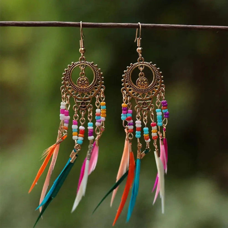 Pendientes Colgantes Étnicos Plumas de Colores para Mujer oro