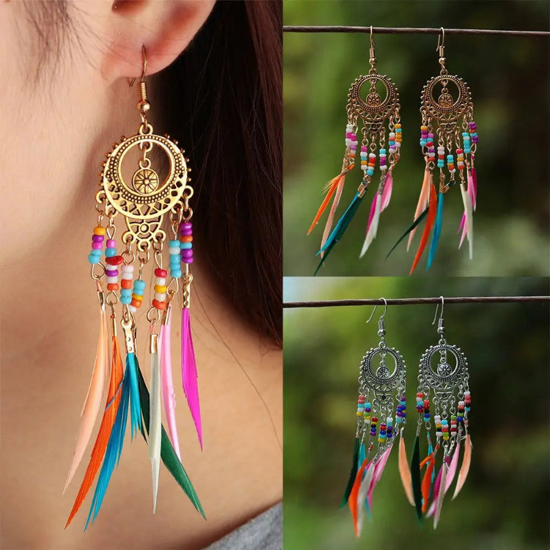 Pendientes Colgantes Étnicos Plumas de Colores para Mujer oro