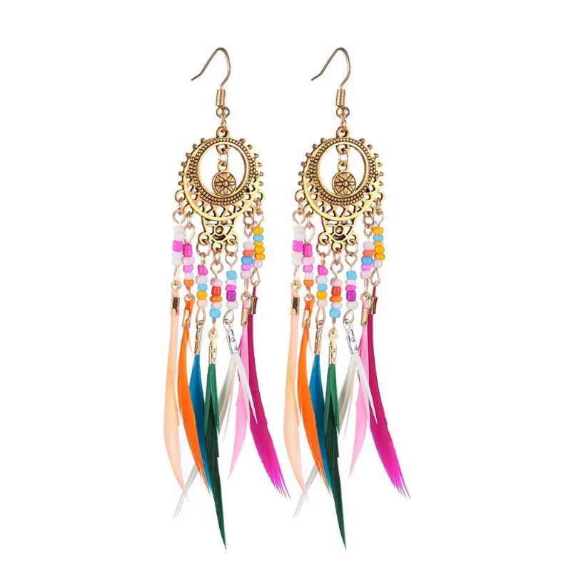 Pendientes Colgantes Étnicos Plumas de Colores para Mujer oro