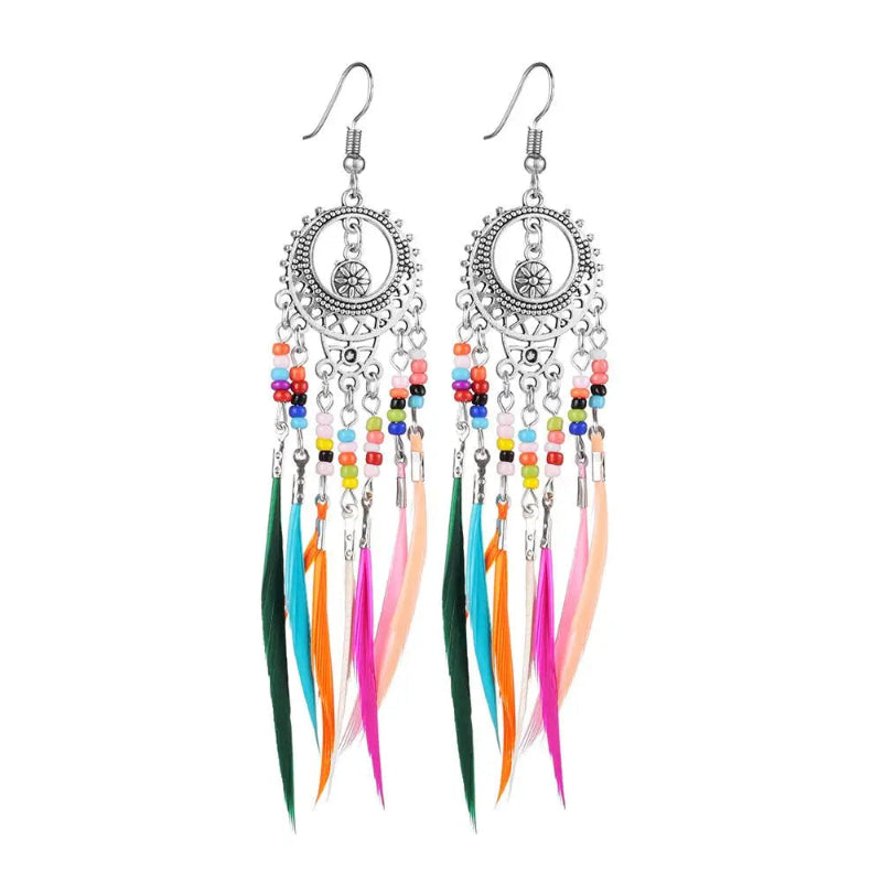 Pendientes Colgantes Étnicos Plumas de Colores para Mujer plata