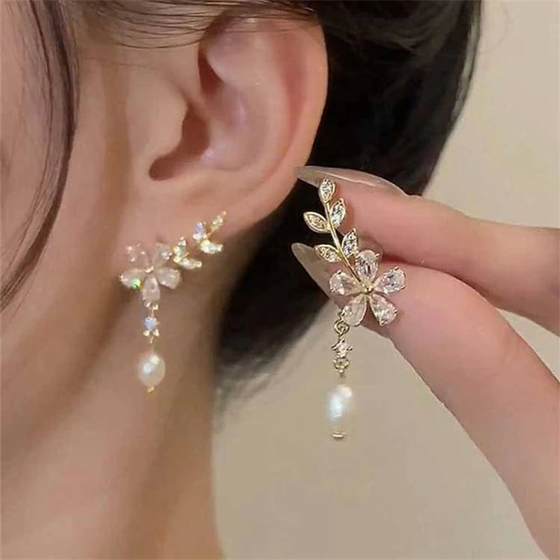 Pendientes Colgantes Flor Cristal Blanco