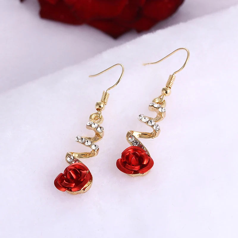 Pendientes colgantes flor de rosa y cinta de strass