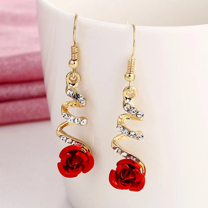 Pendientes colgantes flor de rosa y cinta de strass