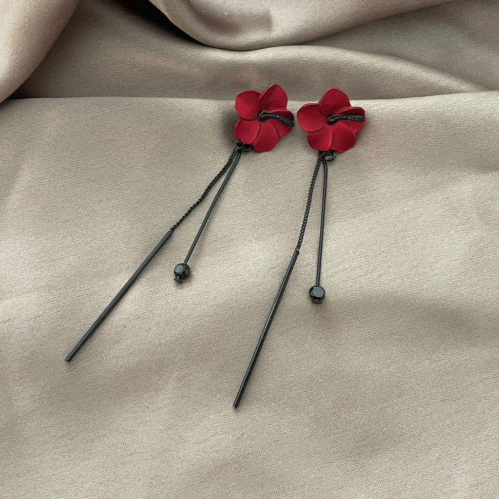 Pendientes Colgantes Flor Roja y Cadena Roja
