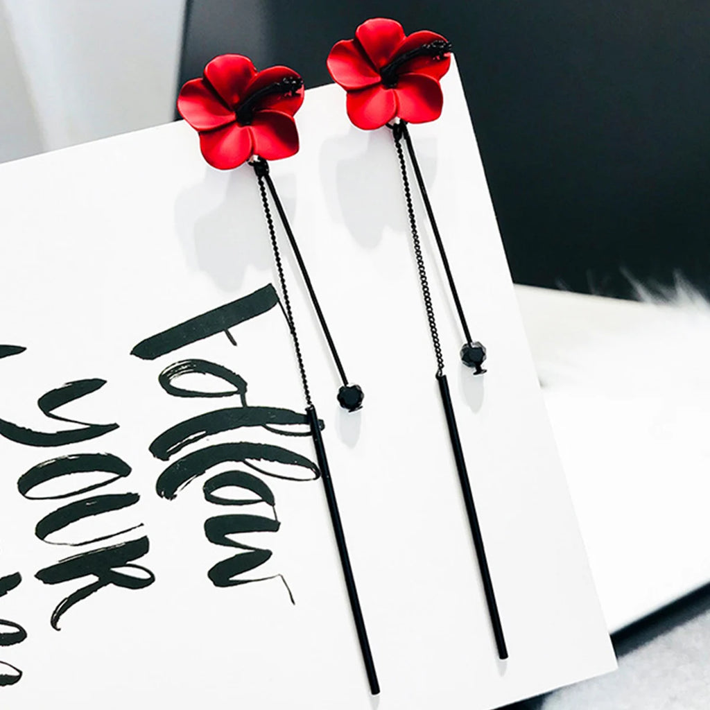 Pendientes Colgantes Flor Roja y Cadena Roja