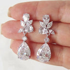 Pendientes colgantes de gota de agua y laurel de cristal en plata
