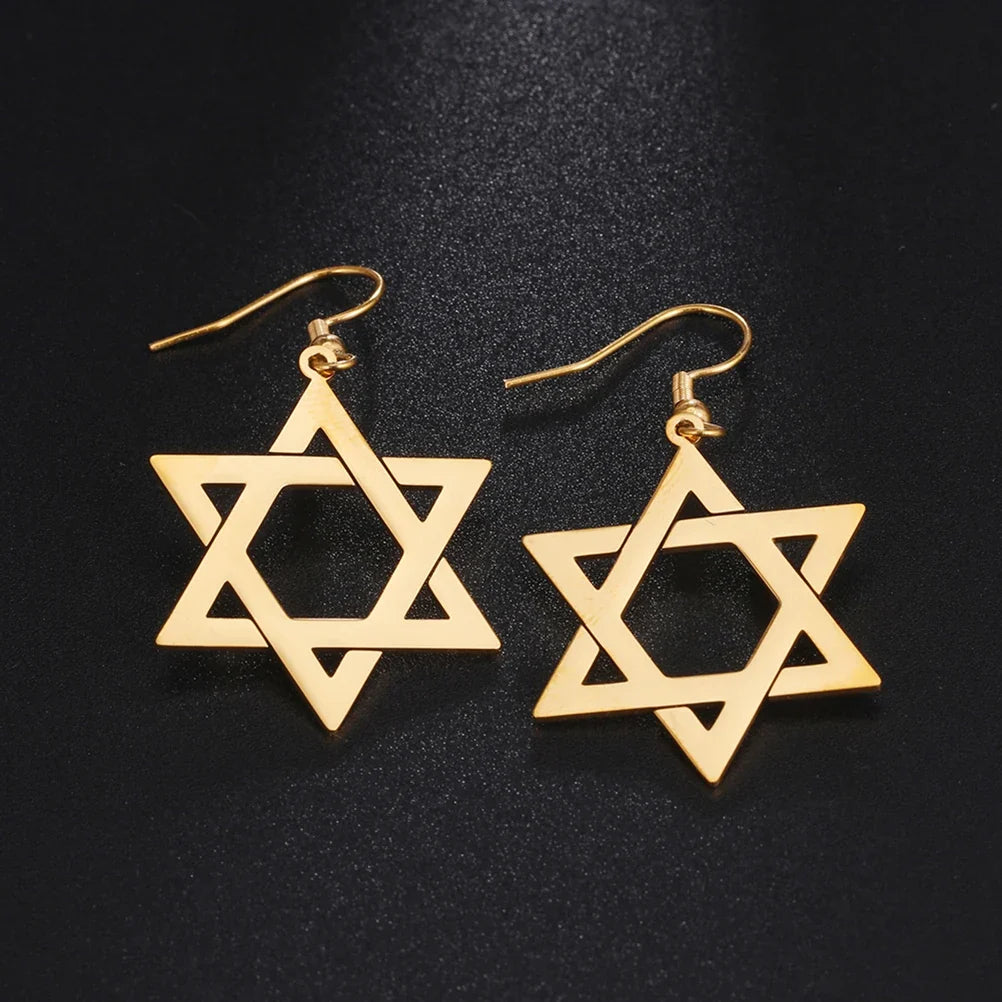 Pendientes colgantes hexagonales con el símbolo judío de la <span data-glossary-id="star-of-david">estrella de David</span> en oro
