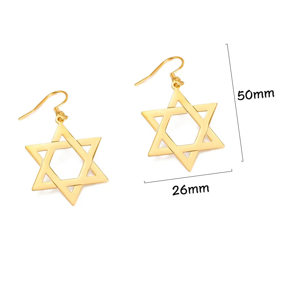 Pendientes colgantes hexagonales con el símbolo judío de la <span data-glossary-id="star-of-david">estrella de David</span> en oro