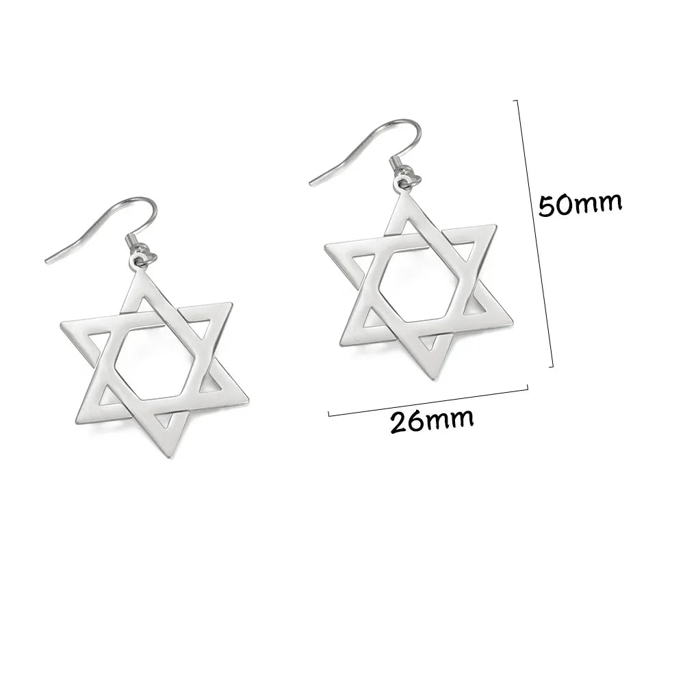 Pendientes colgantes hexagonales con el símbolo judío de la <span data-glossary-id="star-of-david">estrella de David</span> en plata