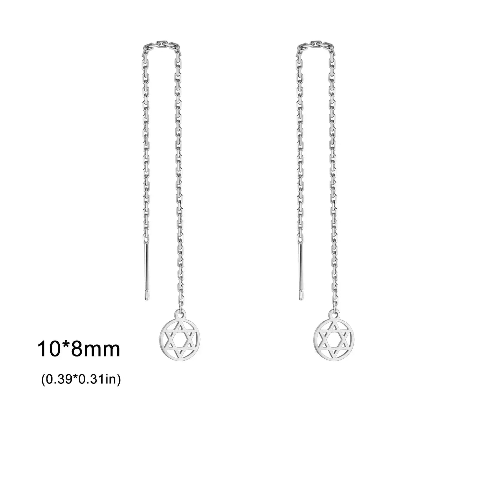Pendientes largos colgantes con la <span data-glossary-id="etoile_de_david">estrella de David</span> símbolo judío redonda plata