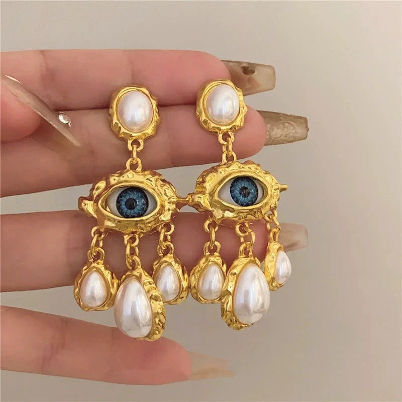 Pendientes Colgantes Ojo Azul y Perlas oro