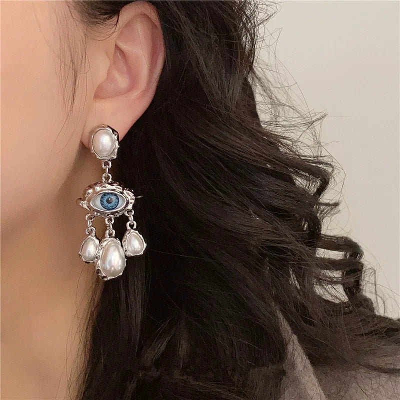 Pendientes Colgantes Ojo Azul y Perlas plata