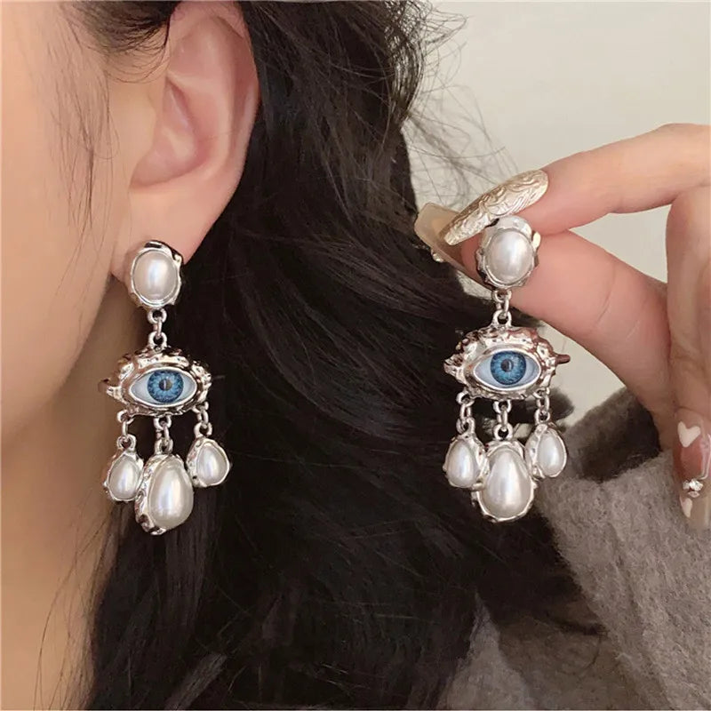 Pendientes Colgantes Ojo Azul y Perlas plata