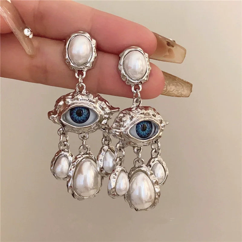 Pendientes Colgantes Ojo Azul y Perlas plata