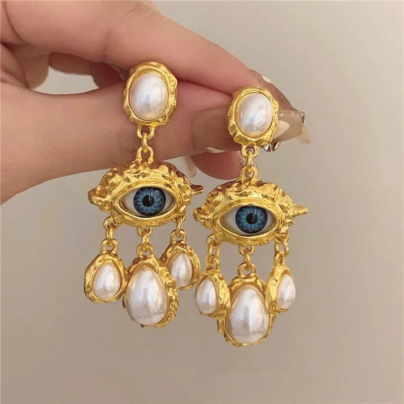 Pendientes Colgantes Ojo Azul y Perlas oro