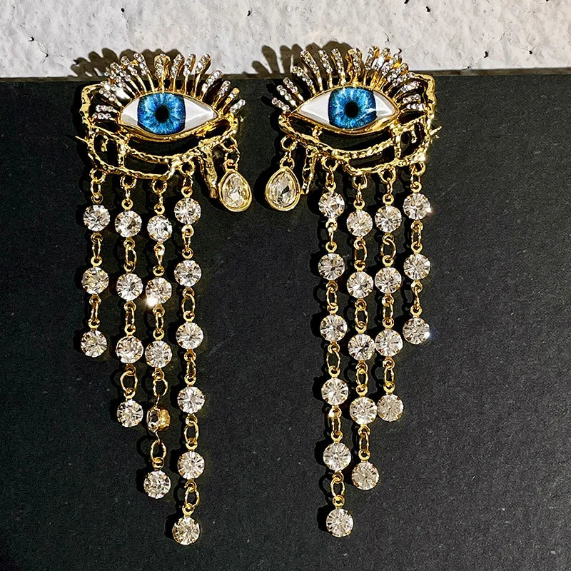 Pendientes Colgantes Ojo Azul y Strass