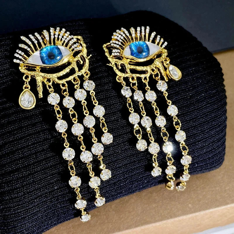 Pendientes Colgantes Ojo Azul y Strass