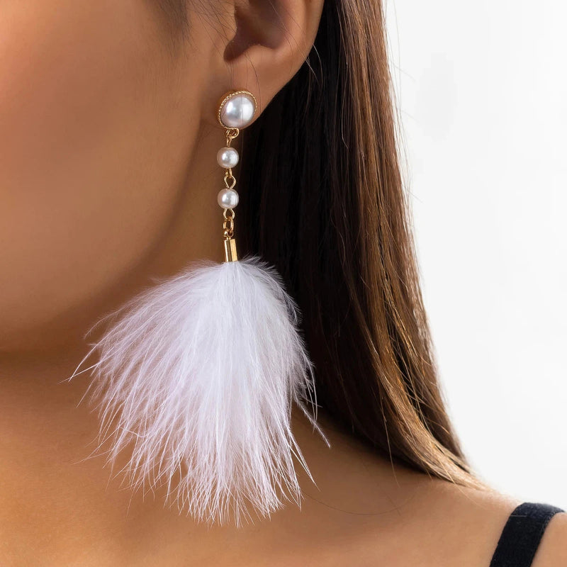 Pendientes Colgantes de Perlas y Plumas 2