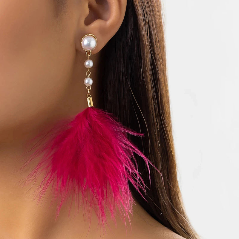 Pendientes Colgantes de Perlas y Plumas 5