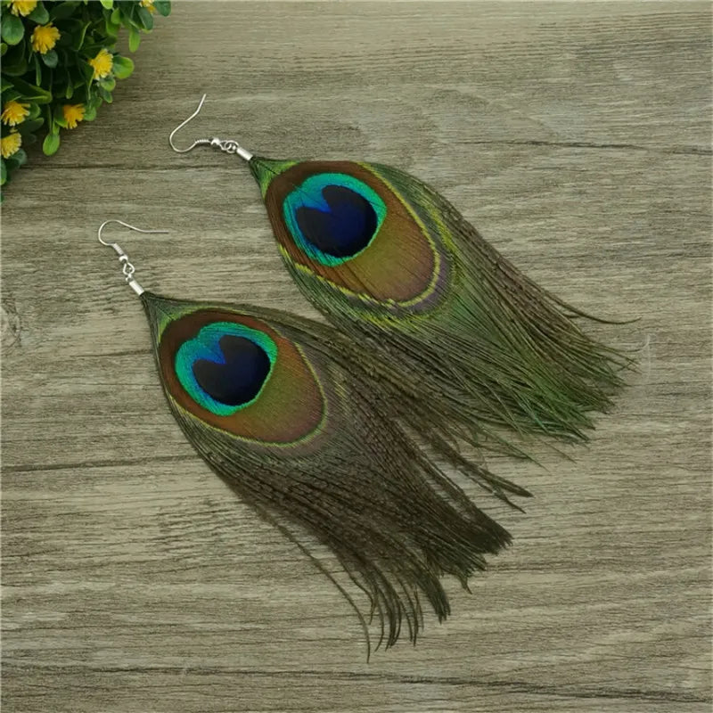 Pendientes Colgantes Plumas de Pavo Real