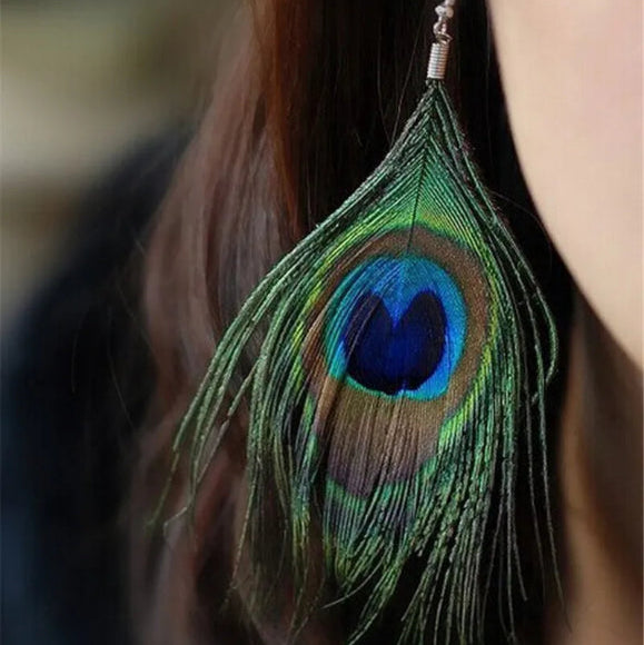 Pendientes Colgantes Plumas de Pavo Real