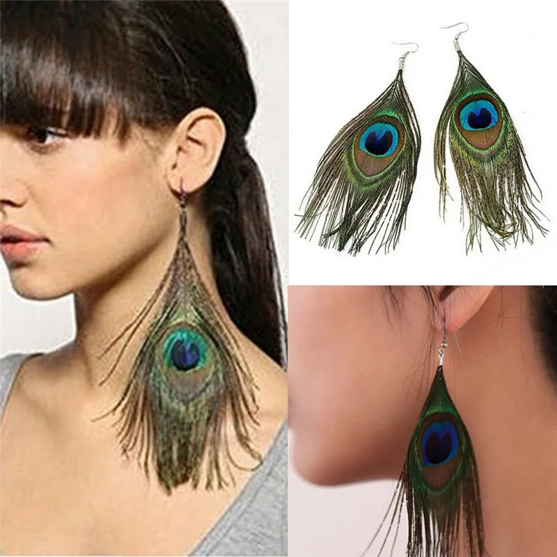 Pendientes Colgantes Plumas de Pavo Real