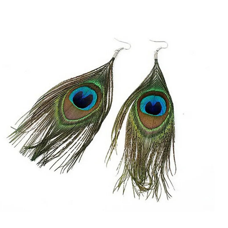 Pendientes Colgantes Plumas de Pavo Real 