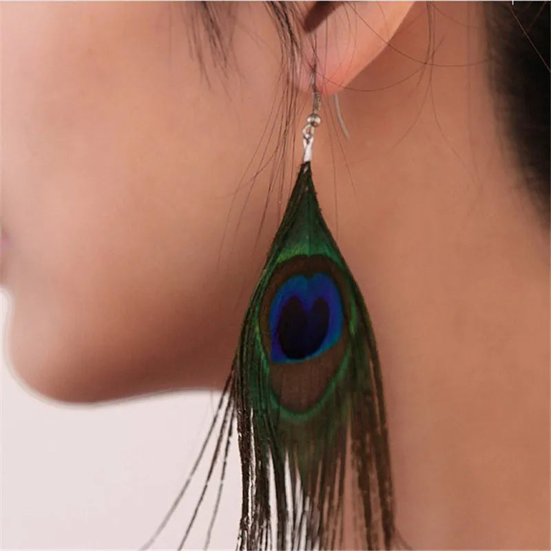 Pendientes Colgantes Plumas de Pavo Real