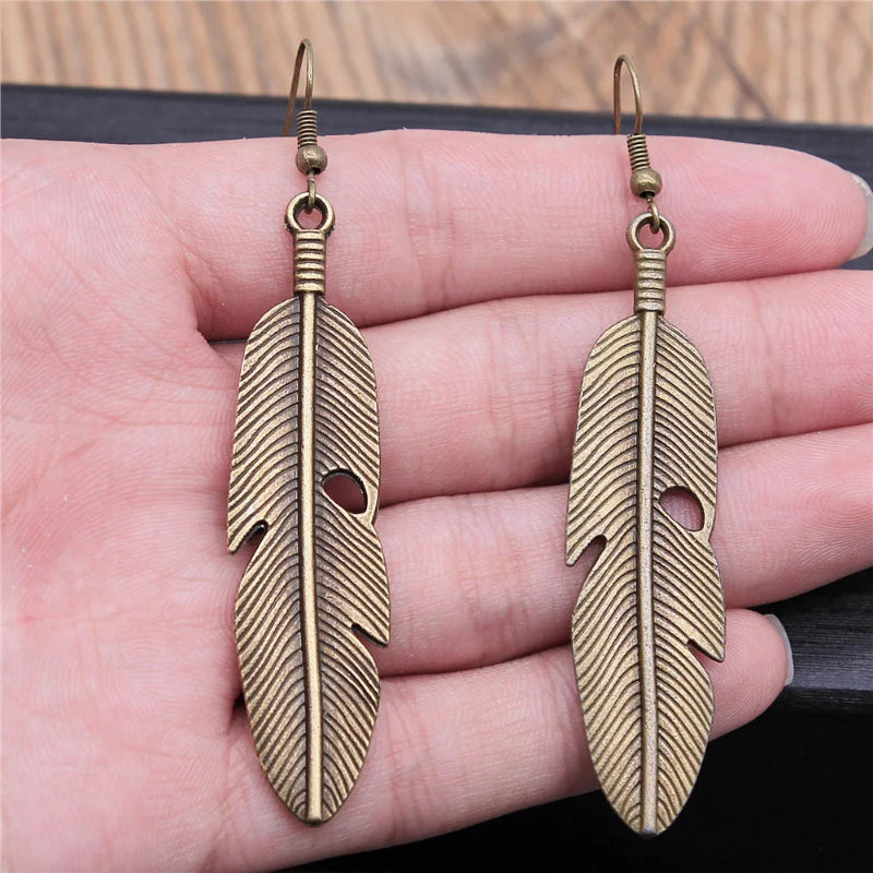 Pendientes Colgantes de Plumas para Mujer bronce